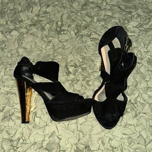 Platform black suede with gold heel